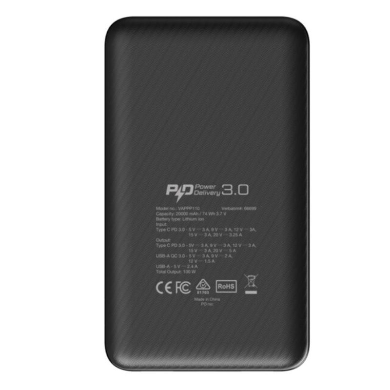 Verbatim 66699 20000mAh 100W PD & QC 3.0 PPS Power Pack with digital display - Black