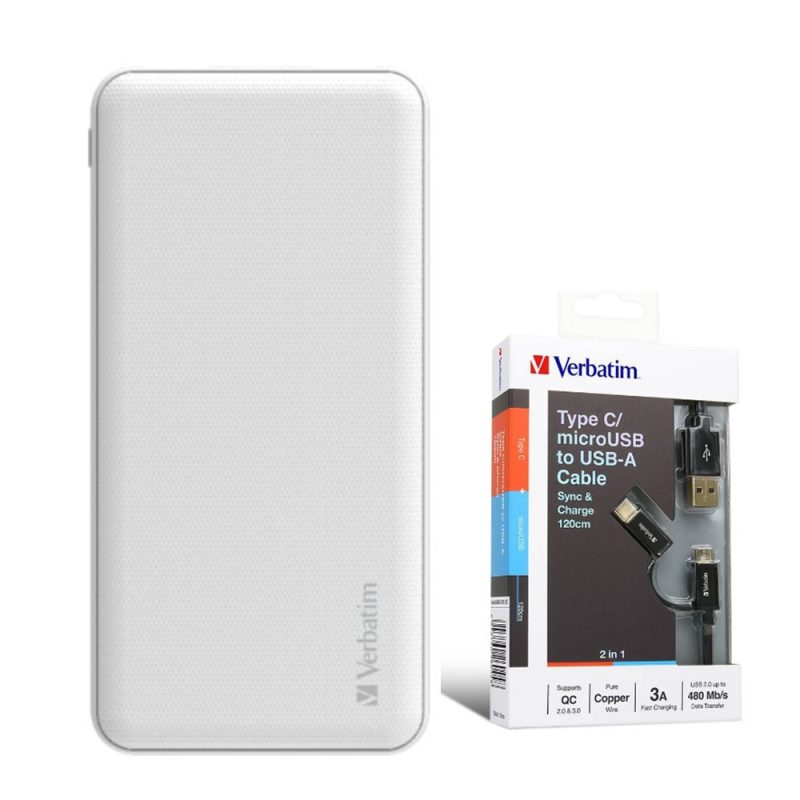 Vertabim 66548 10000mAh Power Pack Dual Input/Output (White) + 66045 120cm Sync & Charge 2-in-1 Metallic Cable Combo