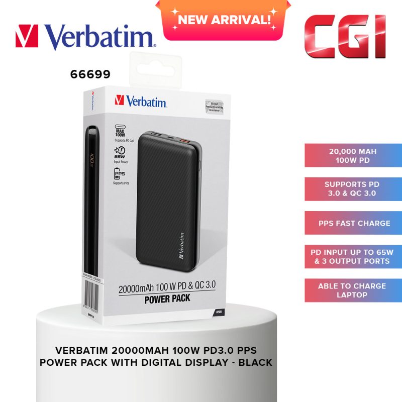 Verbatim 66699 20000mAh 100W PD & QC 3.0 PPS Power Pack with digital display - Black