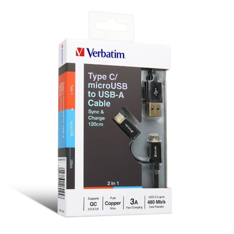 Verbatim 66045 Sync & Charge 2 in 1 Type C & Micro USB Metallic Cable (1.2m) - Black