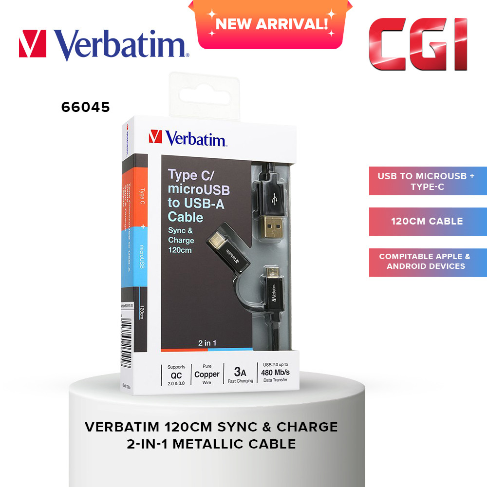 Verbatim 66045 Sync & Charge 2 in 1 Type C & Micro USB Metallic Cable (1.2m) - Black