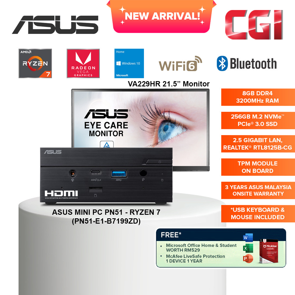 Asus Mini PC PN51-E1-B7199ZD R7/8GB/256GB/W10H 3 Year Asus Malaysia Onsite Warranty With VA229HR Monitor