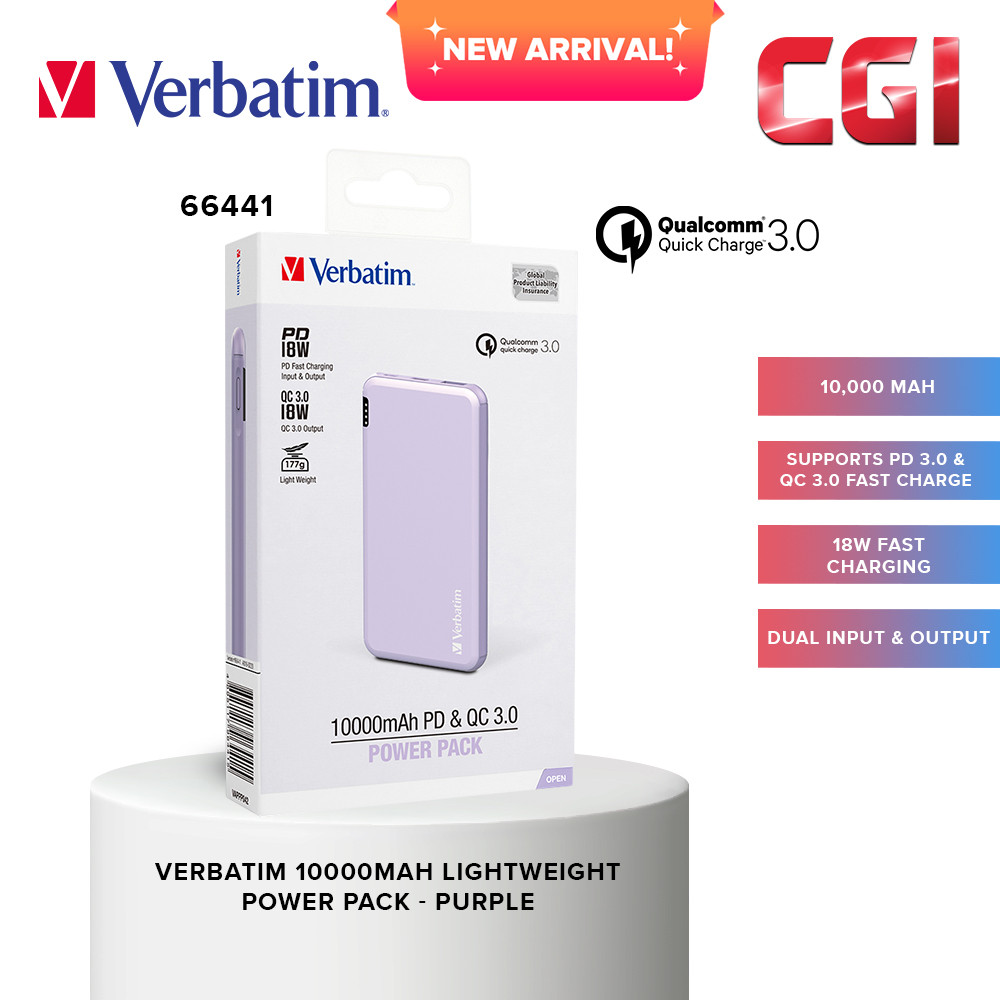 Verbatim 66441 10000mAh Lightweight Power Pack PD 18W + QC 3.0 18W - Purple