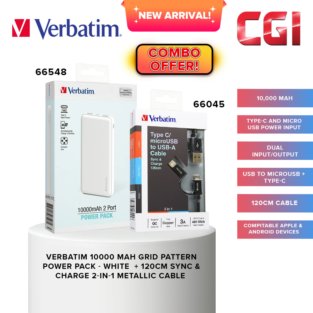 Vertabim 66548 10000mAh Power Pack Dual Input/Output (White) + 66045 120cm Sync & Charge 2-in-1 Metallic Cable Combo