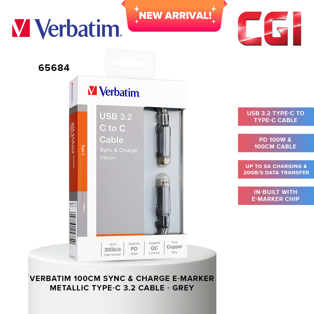 Verbatim 65684 100cm Sync & Charge E-Marker Metallic TypeC to Type-C 3.2 Cable (PD 100W?- Grey