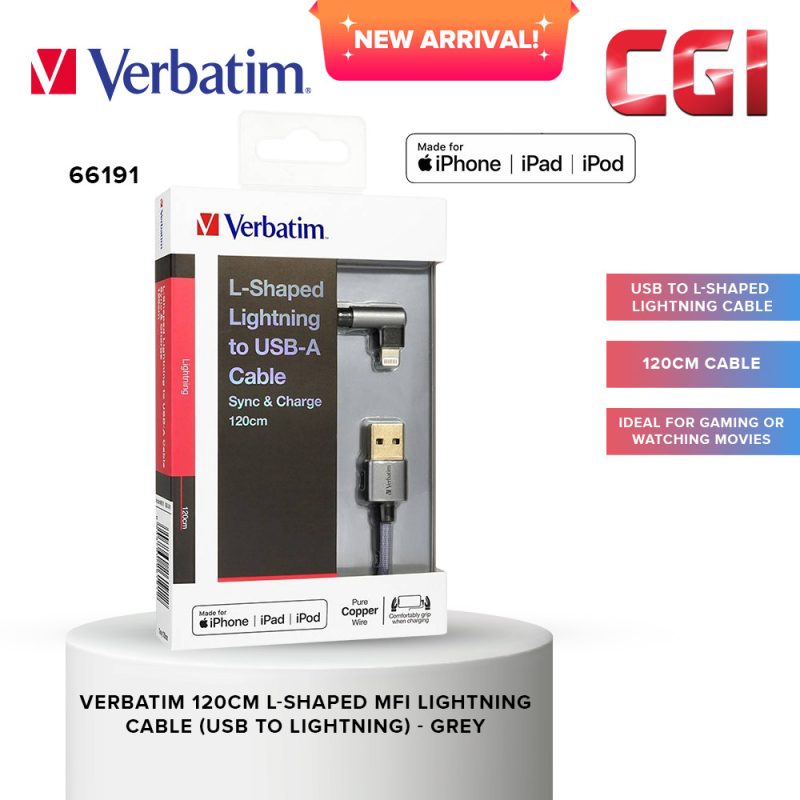 64063c702e6696948cfb17e2e244efca.jpeg Verbatim 66191 120cm L-Shaped MFI Lightning Cable - Grey