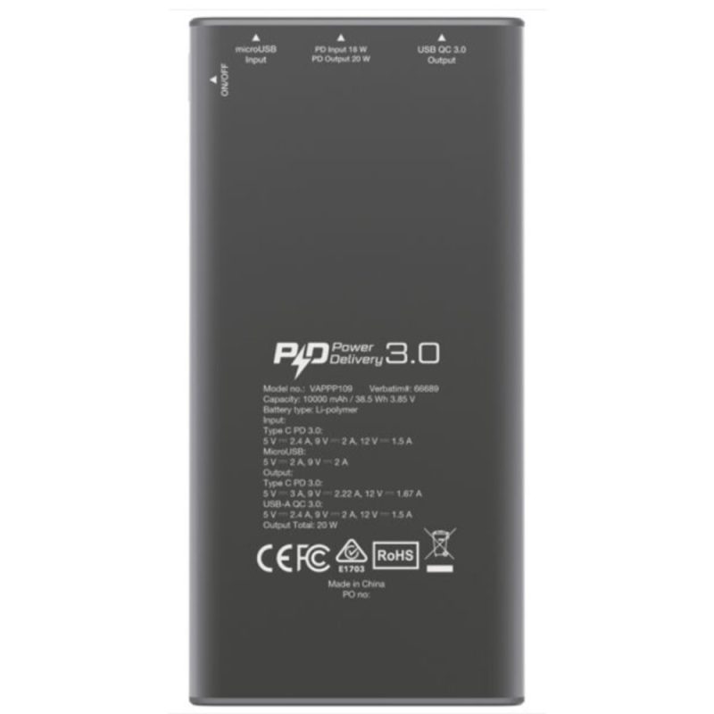 Verbatim 66689 10000mAh 20W Lightweight Power Pack (PD 20W + QC 3.0) - Black