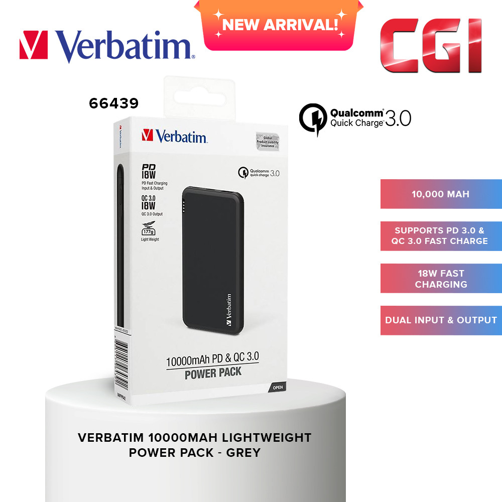 Verbatim 66439 10000mAh Lightweight Power Pack (PD 18W + QC 3.0 18W) - Grey
