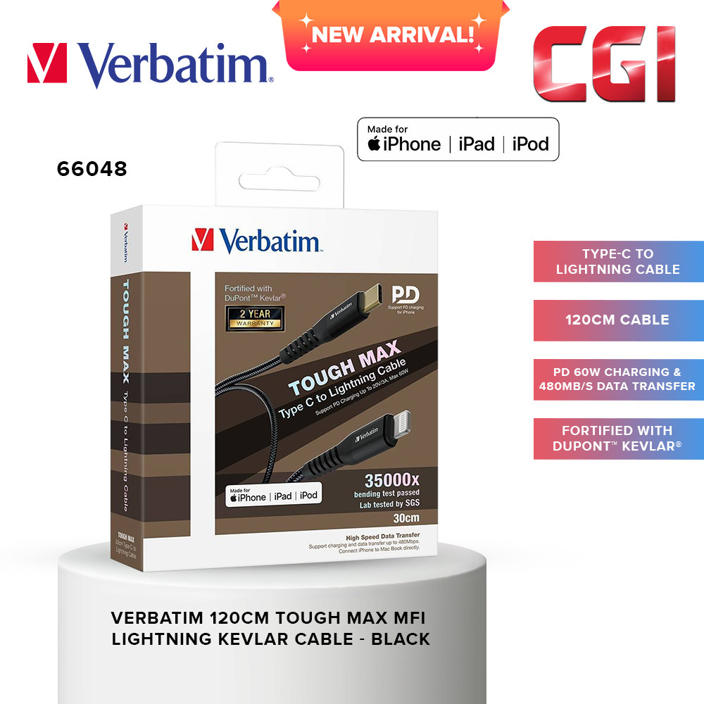 Verbatim 66048 120cm Tough Mac Type-C to Lighting Kevlar Cable - Black