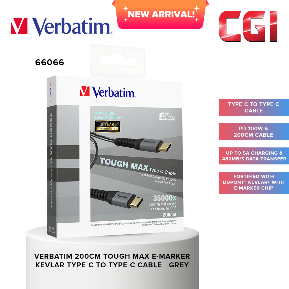 Verbatim 66066 200cm Tough Max E-Marker Kevlar Type-C to Type-C Cable (PD100W) - Grey