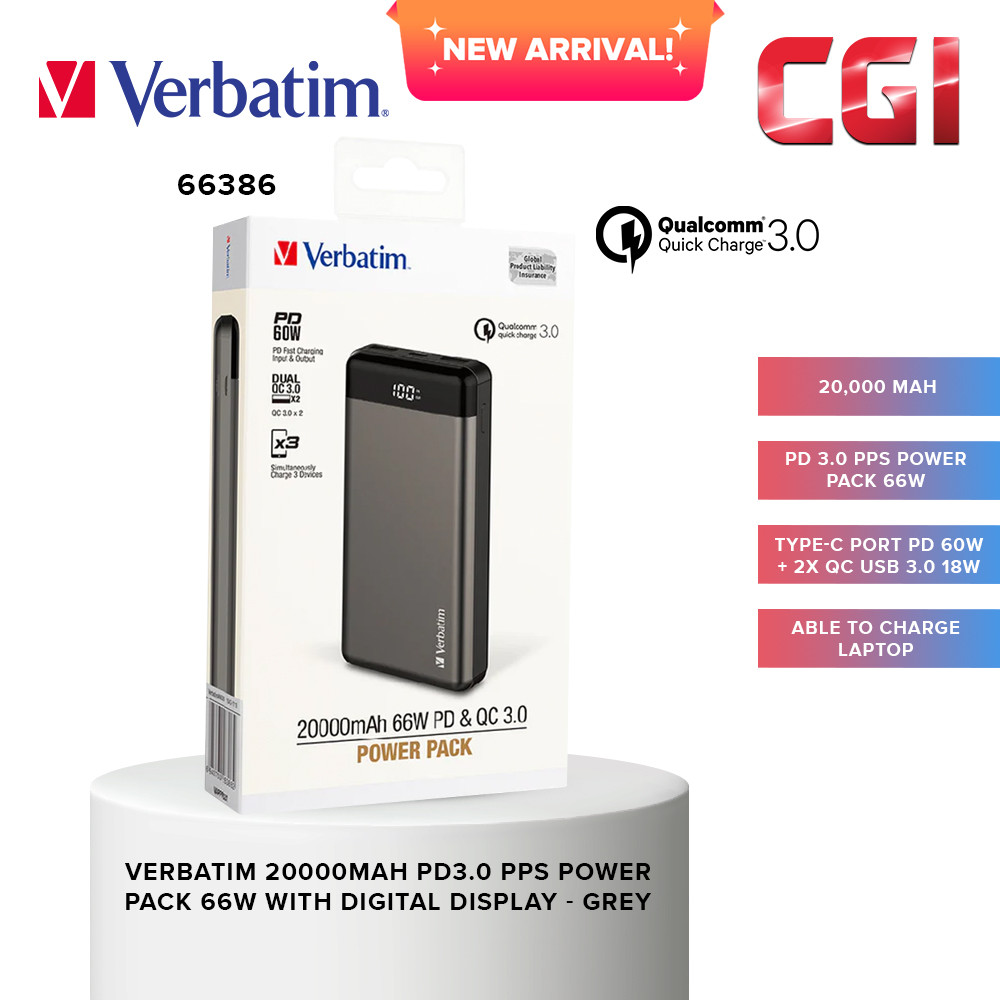 Verbatim 66386 20000mAh PD3.0 PPS Power Pack 66W with digital display - Grey