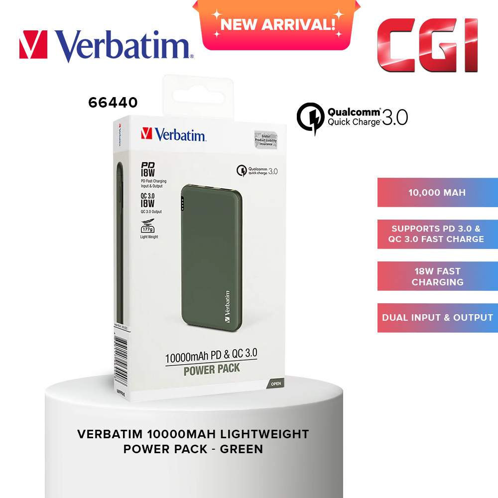 Verbatim 66440 0000mAh Lightweight Power Pack (PD 18W + QC 3.0 18W) - Green