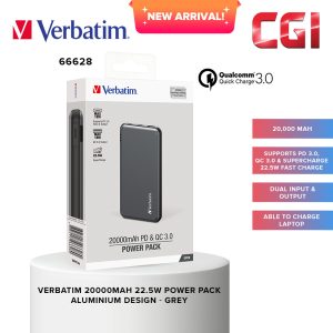Verbatim 66628 20000mAh 22.5W Power Pack Aluminium Design (PD + QC3.0) - Grey