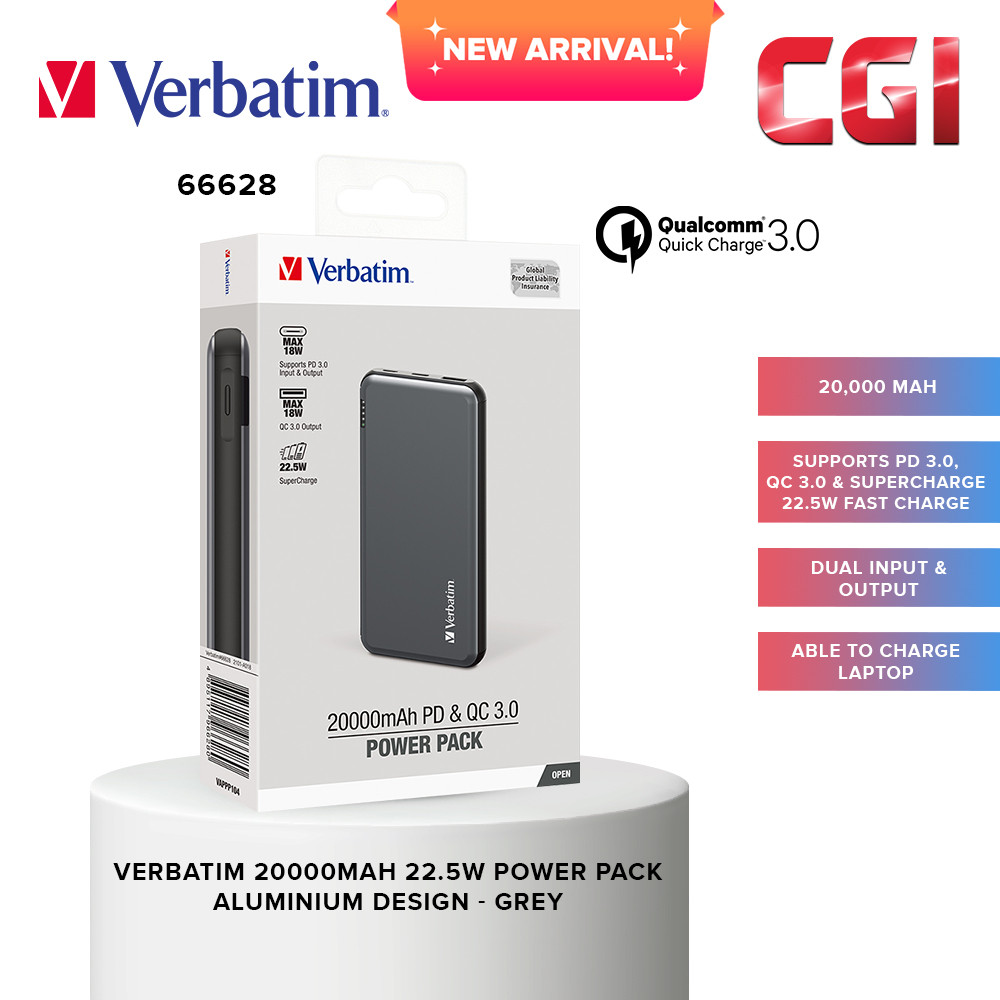 Verbatim 66628 20000mAh 22.5W Power Pack Aluminium Design (PD + QC3.0) - Grey