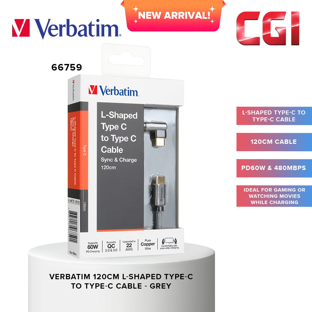 Verbatim 66759 120cm L-Shaped USB to Type-C Cable (PD60W & 480Mbps) - Grey