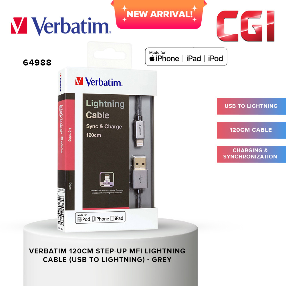 Verbatim 64988 120cm Step-up Sync & Charge Lightning Cable - Grey