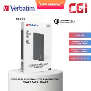 Verbatim 66689 10000mAh 20W Lightweight Power Pack (PD 20W + QC 3.0) - Black