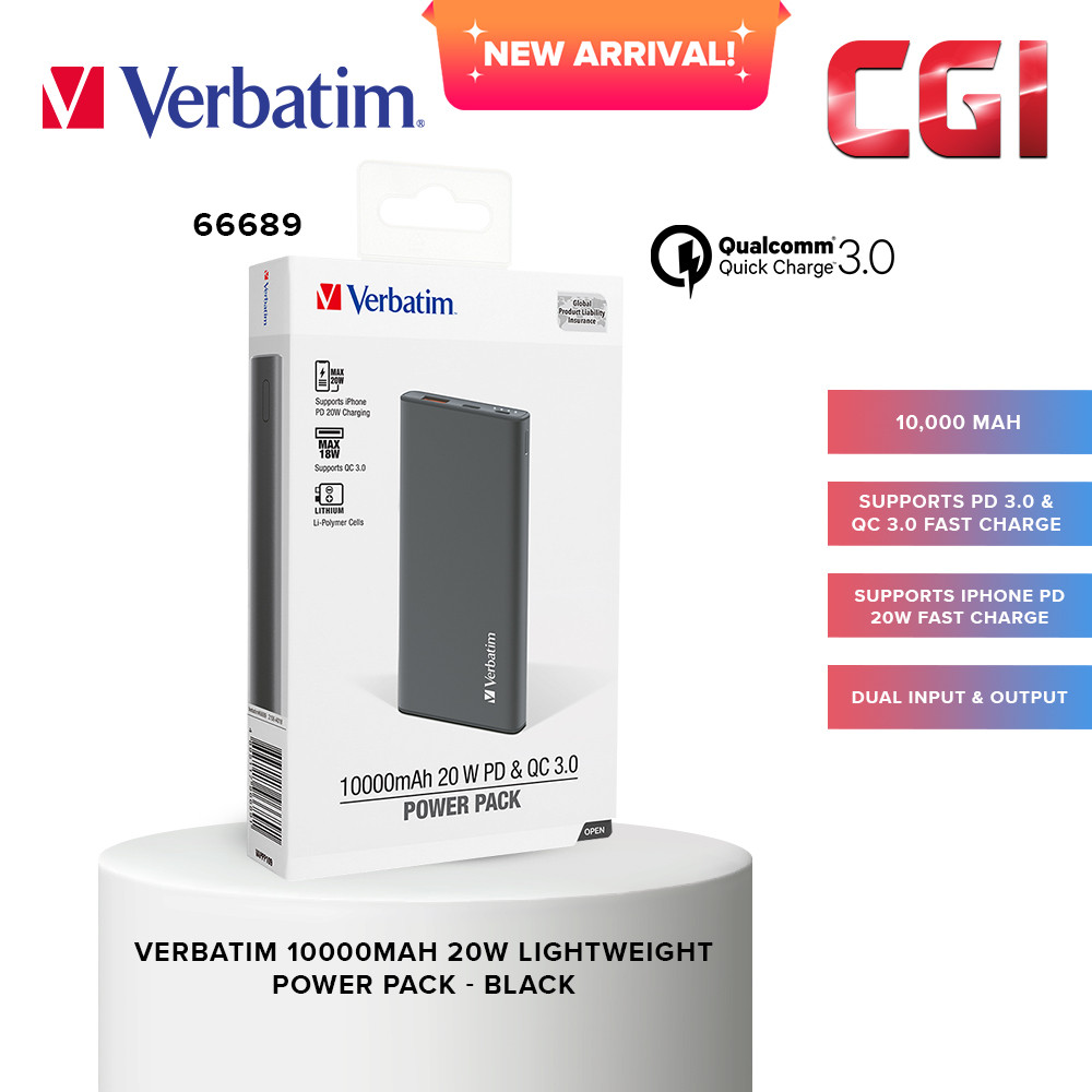 Verbatim 66689 10000mAh 20W Lightweight Power Pack (PD 20W + QC 3.0) - Black