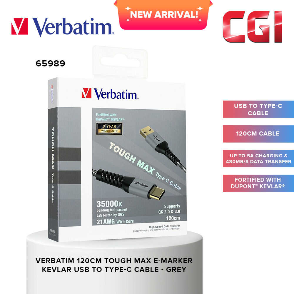 Verbatim 65989 120cm Tough Max E-Marker Kevlar USB to Type-C Cable - Grey