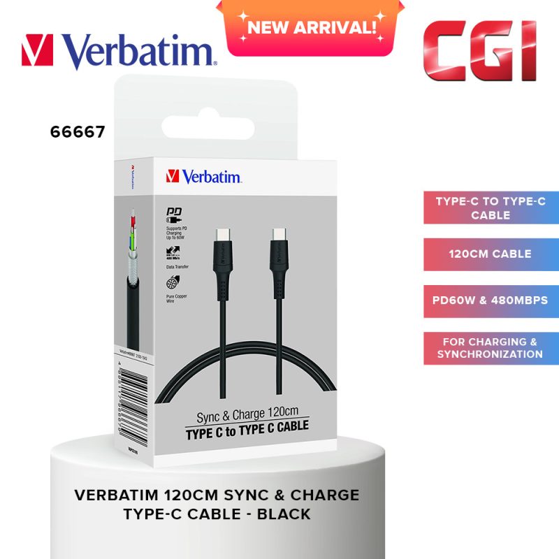 Verbatim 66667 120cm Sync & Charge Type-C to Type-C PVC Cable (PD60W & 480Mbps) - Black