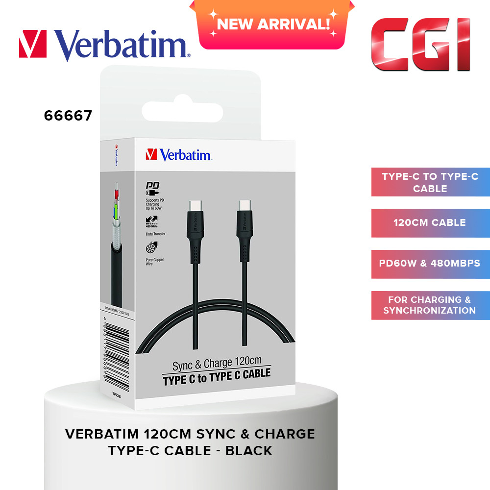 Verbatim 66667 120cm Sync & Charge Type-C to Type-C PVC Cable (PD60W & 480Mbps) - Black