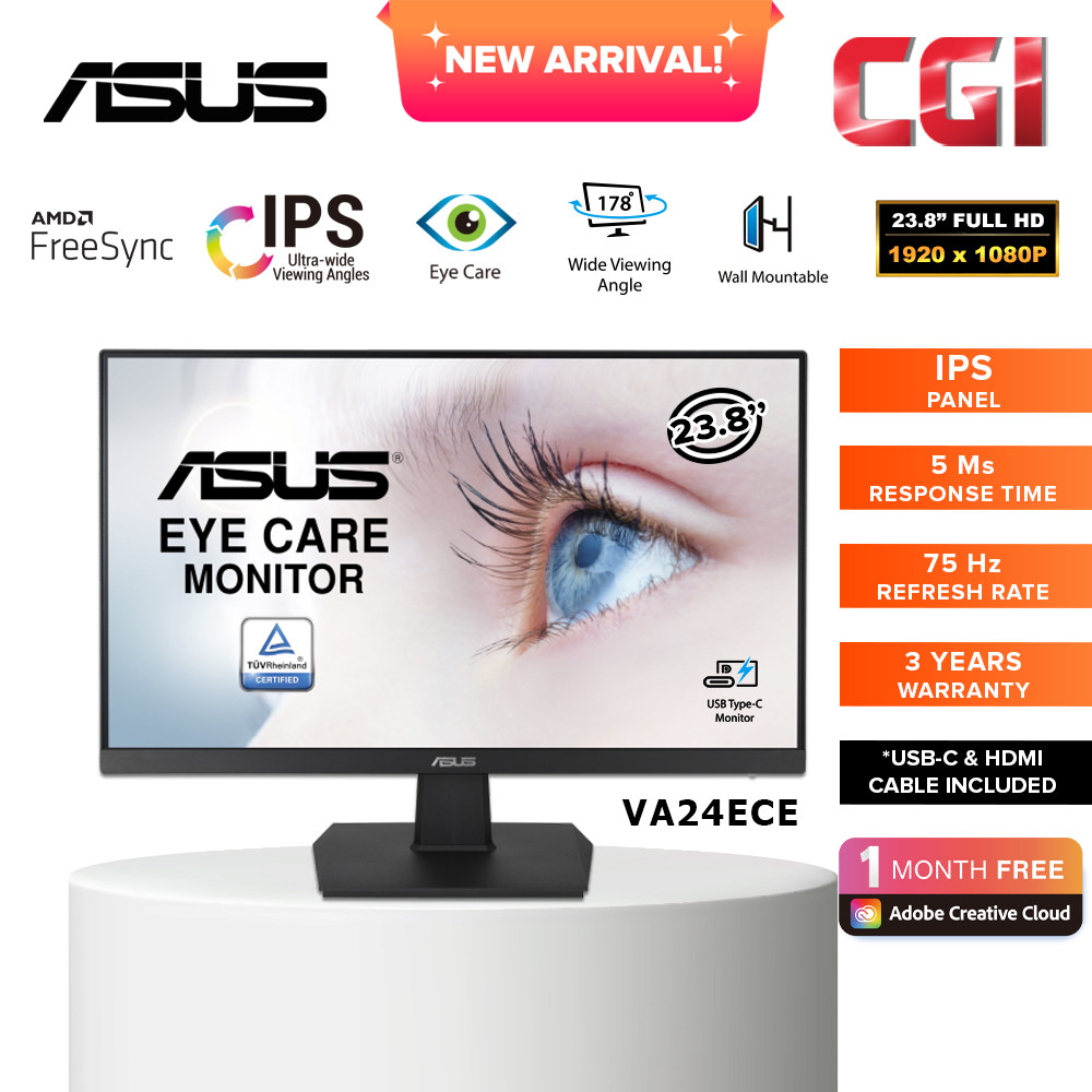 ASUS 24" VA24ECE Eye Care ,Full HD, IPS, Frameless, USB-C, 75Hz, Adaptive-Sync, Low Blue Light, Flicker Free
