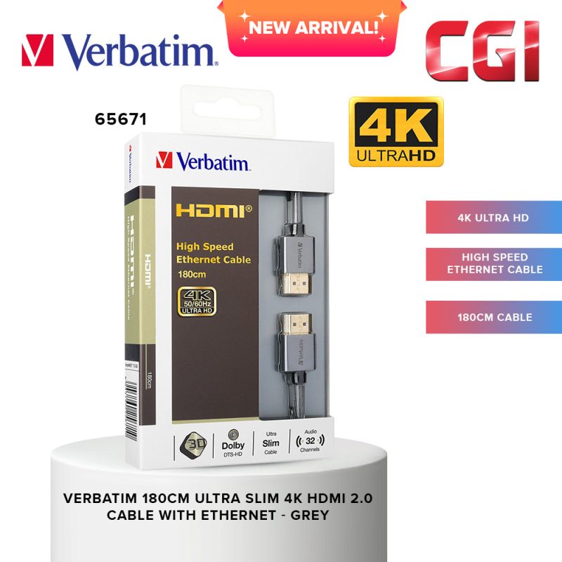 Verbatim 65671 180cm Ultra Slim 4K HDMI 2.0 Cable with Ethernet - Grey