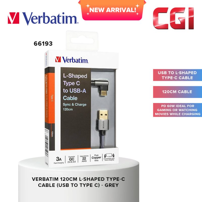 Verbatim 66193 120cm L-Shaped USB to Type-C Cable - Grey