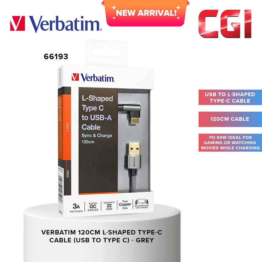 Verbatim 66193 120cm L-Shaped USB to Type-C Cable - Grey