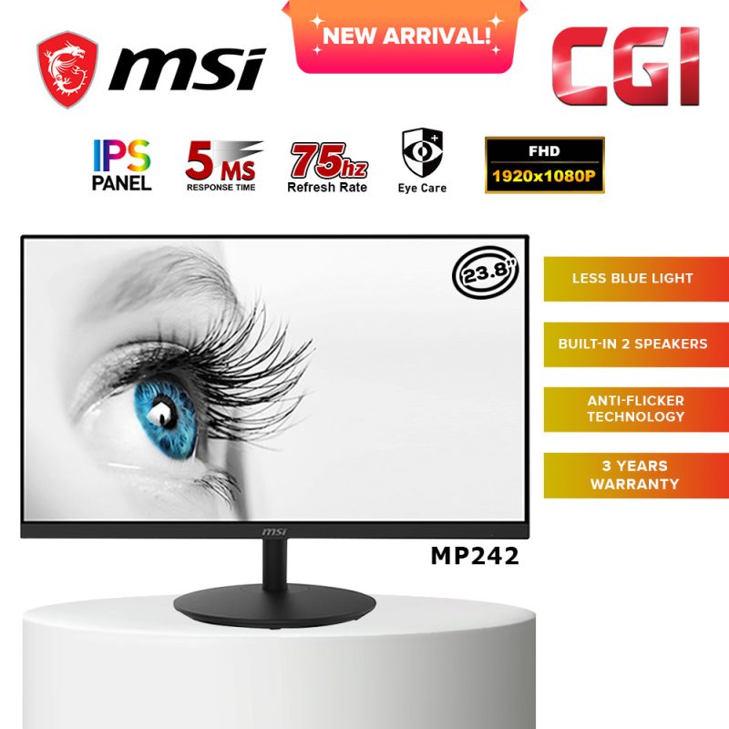 MSI 23.8" MP242 Full HD 5ms 75Hz IPS Productivity Monitor with Built-in Speaker
