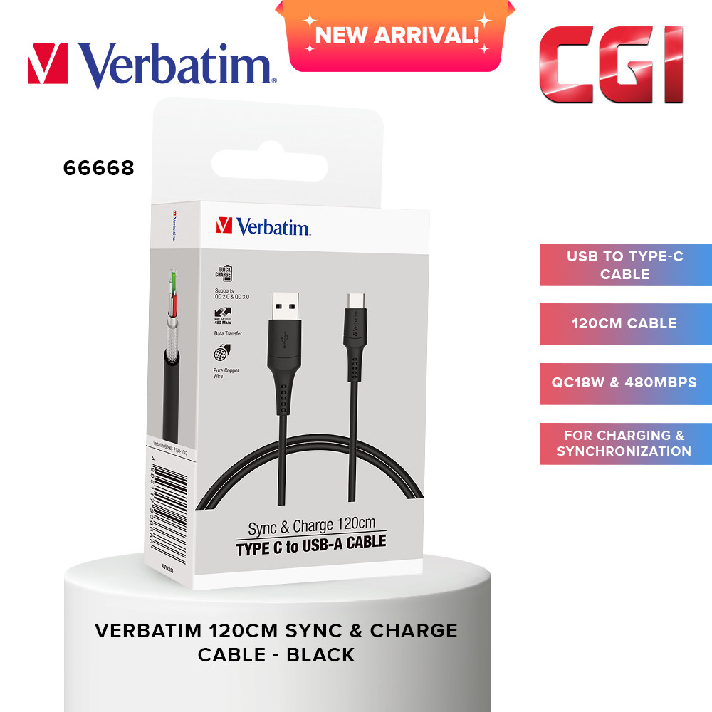 Verbatim 66668 120cm Sync & Charge USB to Type-C PVC Cable (QC18W & 480Mbps) - Black