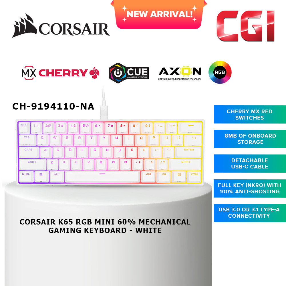 Corsair K65 RGB MINI 60% Mechanical Gaming Keyboard Cherry MX Red White (CH-9194110-NA)