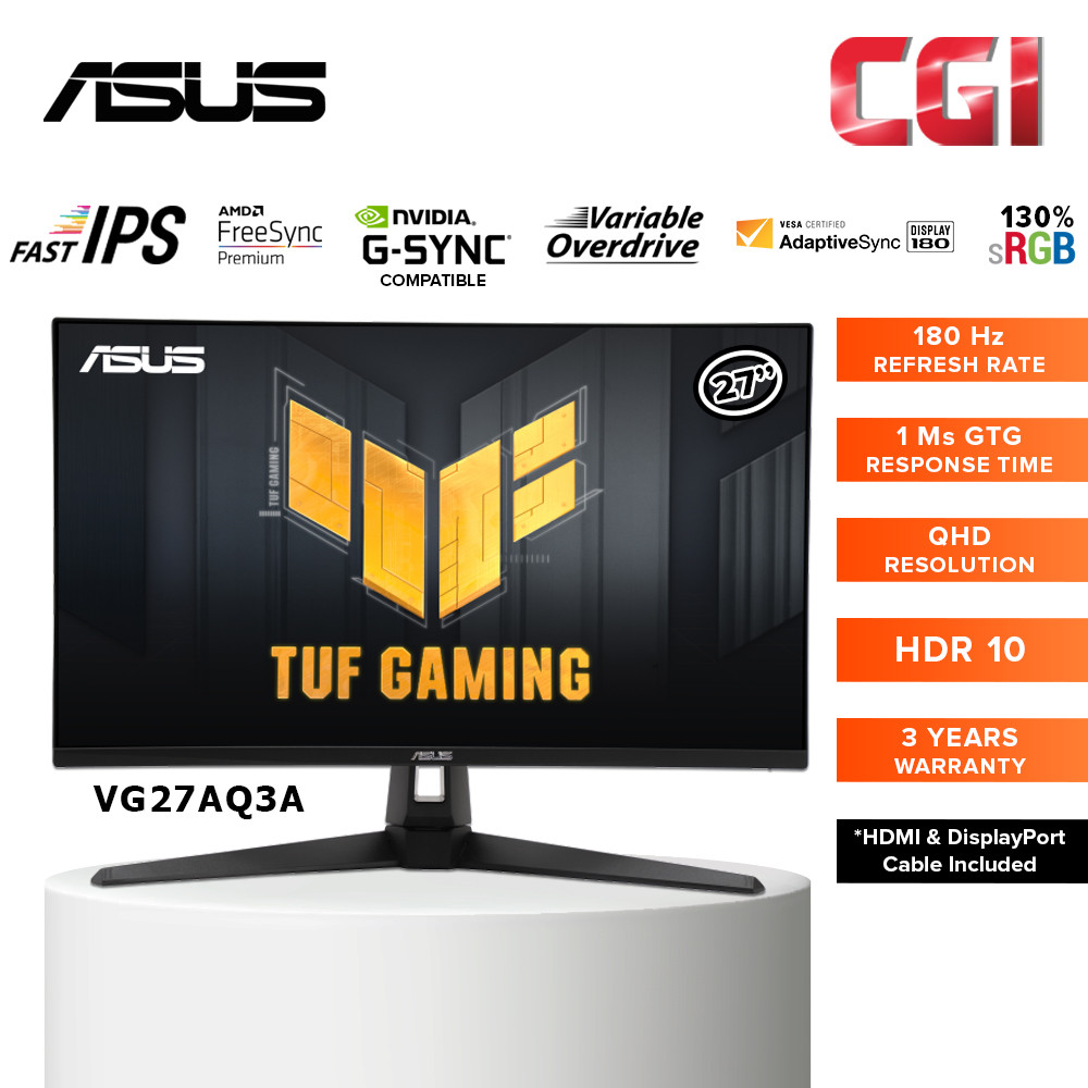 Asus 27" TUF Gaming VG27AQ3A Fast IPS WQHD 180Hz 1ms HDR10 Freesync Premium GSync Ergonomic Gaming Monitor