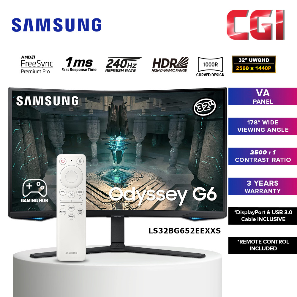 Samsung 32" Odyssey G65B VA QHD 240Hz 1ms Freesync HDR10+ Gaming Hub Curved Gaming Monitor - LS32BG652EEXXS