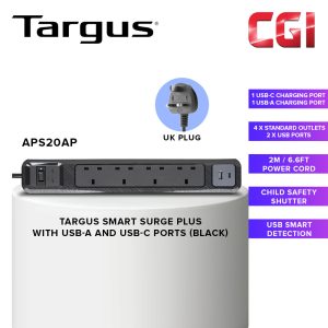 Targus SmartSurge Plus With USB-A and USB-C Ports (4 Standard Outlets And 1 USB-C Port) APS20AP