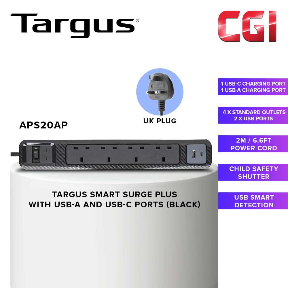 Targus SmartSurge Plus With USB-A and USB-C Ports (4 Standard Outlets And 1 USB-C Port) APS20AP