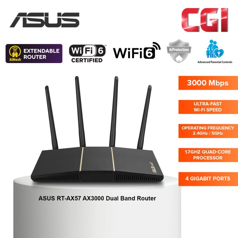 Asus RT-AX57 (AX3000) 1024 QAM 3000MBPS Dual Band WiFi 6 Free Network Security w Parental Control VPN Extendable Router