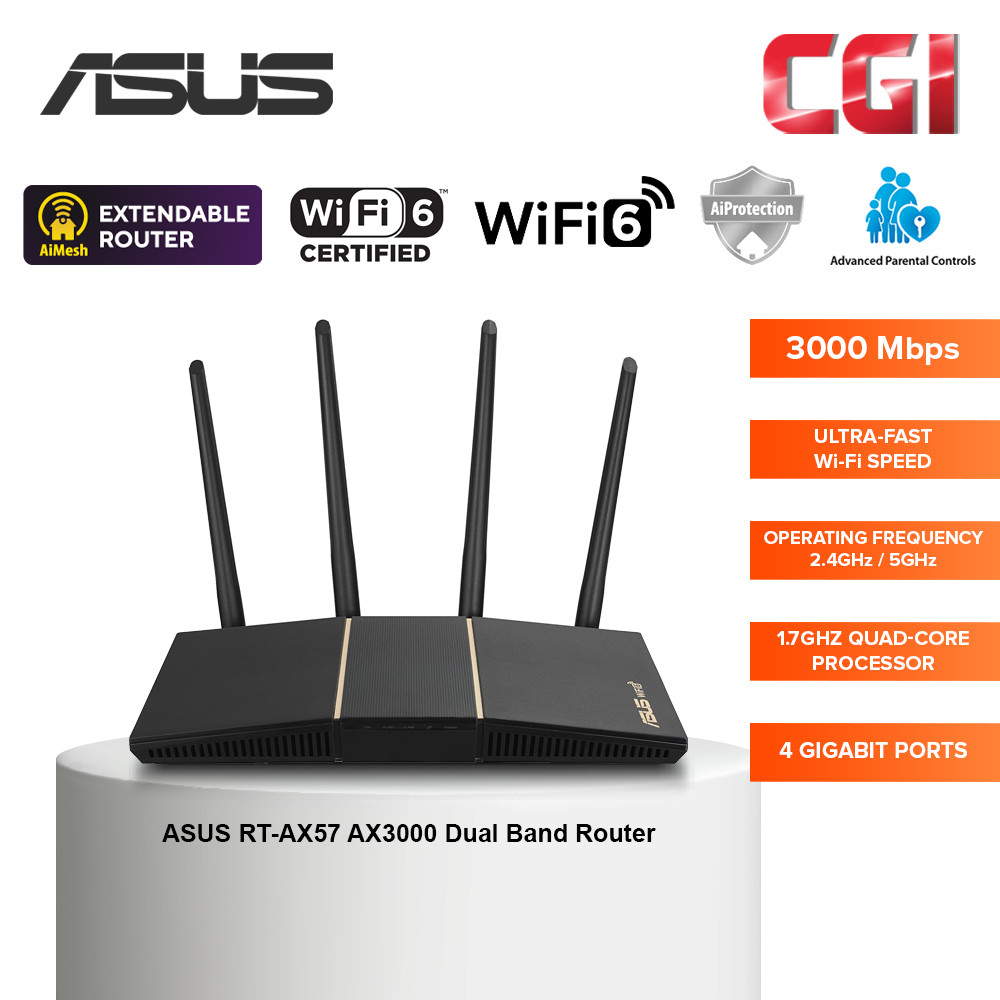 Asus RT-AX57 (AX3000) 1024 QAM 3000MBPS Dual Band WiFi 6 Free Network Security w Parental Control VPN Extendable Router