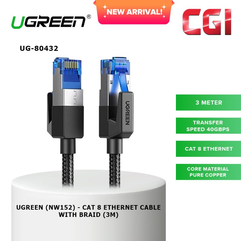 UGREEN (NW152) 80432 CAT 8 with Braid Ethernet Cable (3M)