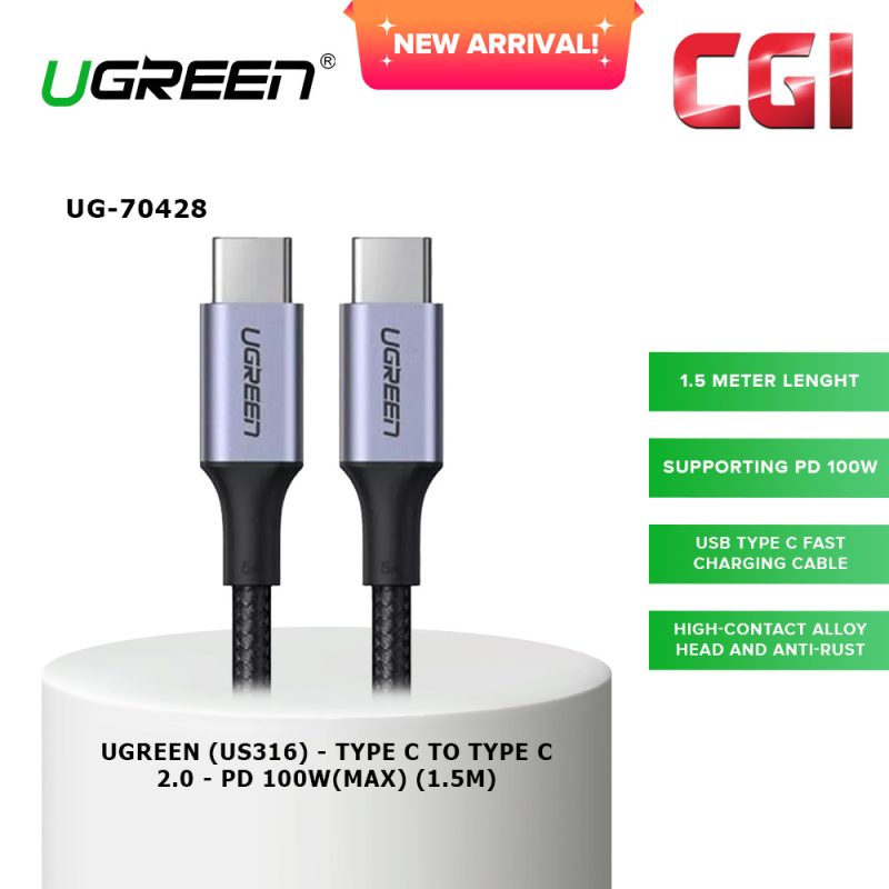 Ugreen (US316) 70428 Type C to Type C 2.0 PD 100W Cable (1.5M)