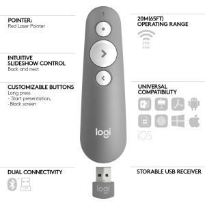 Logitech R500s Laser Presentation Remote with Red Laser Pointer - 910-006522 (Mid Grey)