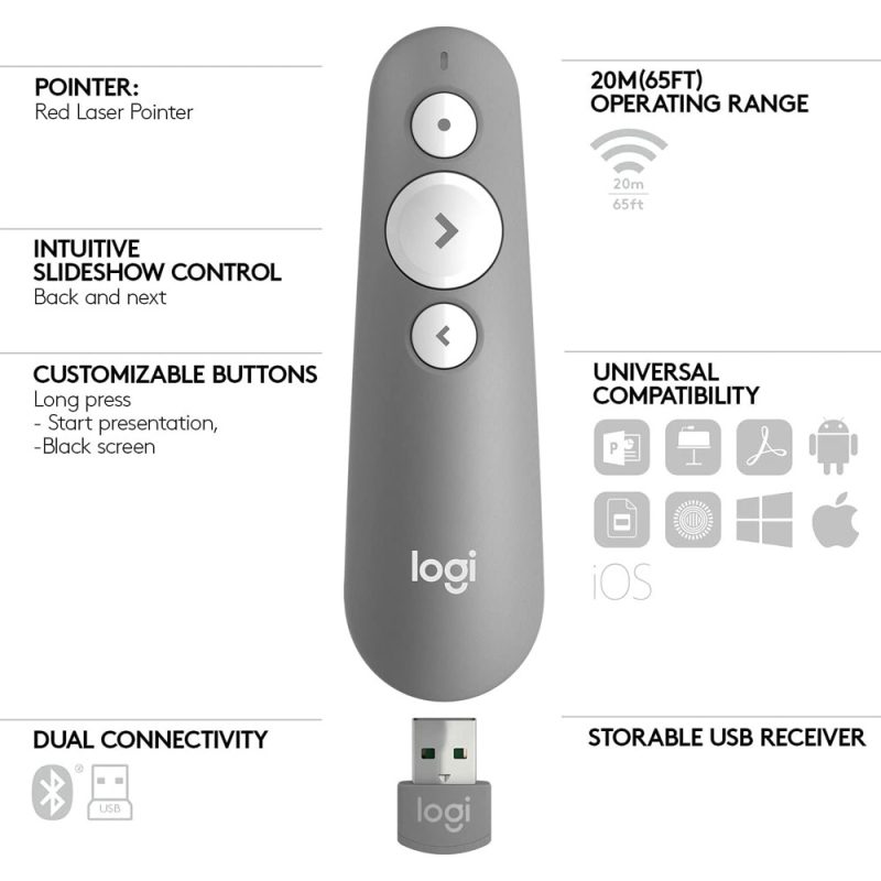Logitech R500s Laser Presentation Remote with Red Laser Pointer - 910-006522 (Mid Grey)