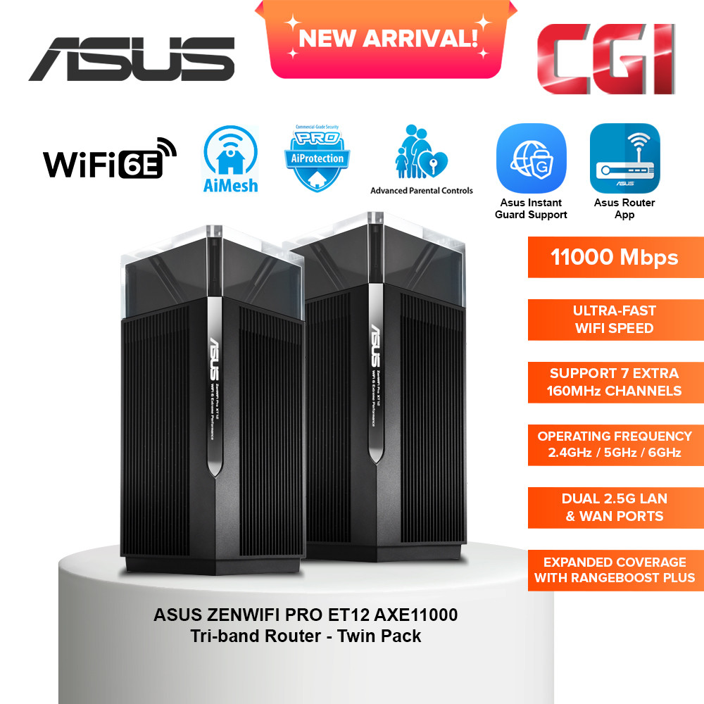 Asus ZenWiFi Pro ET12 AXE11000 Tri-Band Home Mesh WiFi 6E 6GHz 11000Mbps 12-streams AiProtection Pro Aimesh System Router
