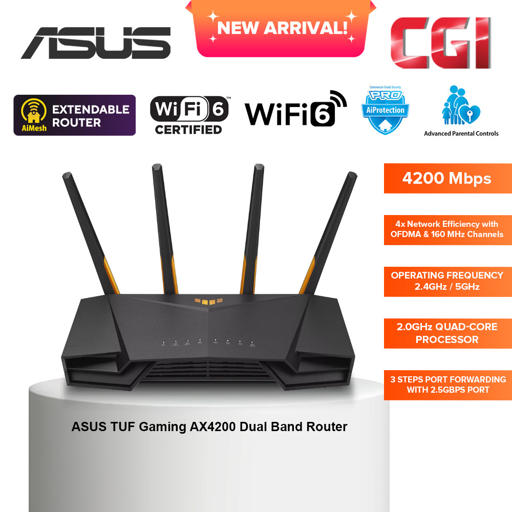 Asus TUF Gaming AX4200 4200Mbps Dual Band WiFi 6 Multi-Gigabit VPN Fusion AiProtection Pro Aimesh Gaming Router