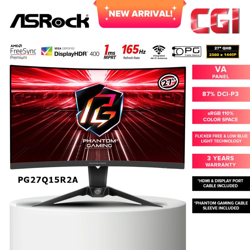 Asrock 27" PG27Q15R2A Phantom Gaming VA QHD 165Hz 1ms HDR400 Freesync Premium Curved Gaming Monitor