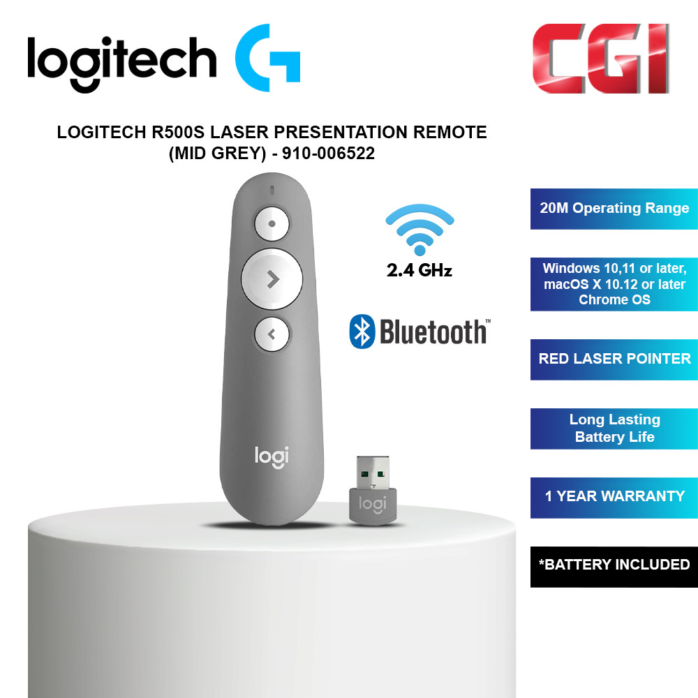 Logitech R500s Laser Presentation Remote with Red Laser Pointer - 910-006522 (Mid Grey)
