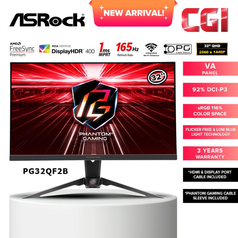 Asrock 31.5" Phantom Gaming PG32QF2B VA QHD 165Hz 1ms HDR400 Freesync Ergonomic Gaming Monitor