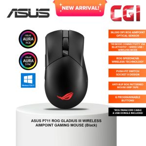 Asus P711 ROG Gladius III Wireless AimPoint 36,000DPI SpeedNova Tri-mode Lightweight Gaming Mouse - Black