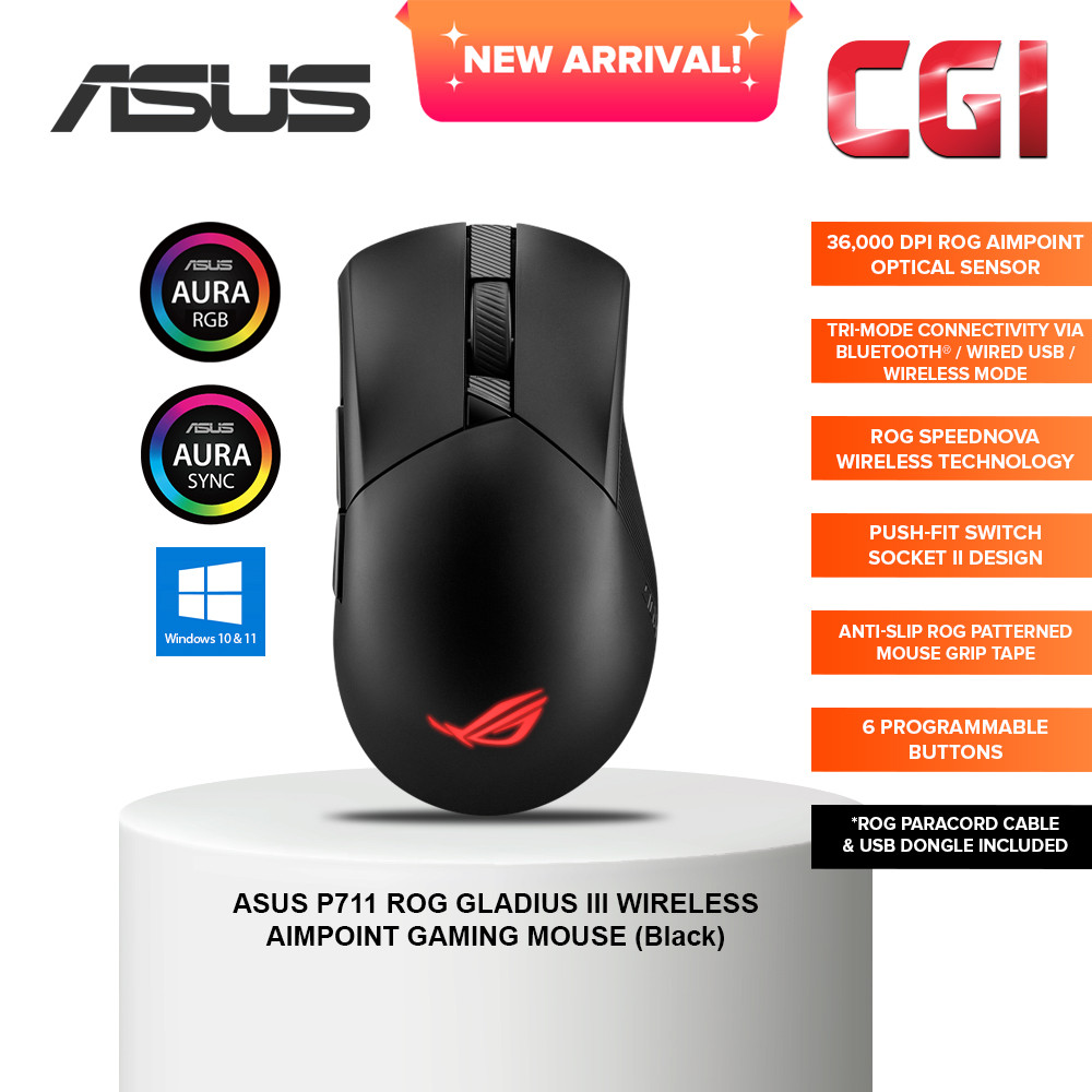 Asus P711 ROG Gladius III Wireless AimPoint 36,000DPI SpeedNova Tri-mode Lightweight Gaming Mouse - Black