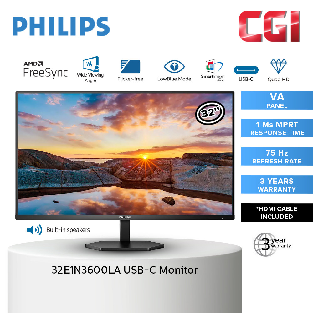 Philips 31.5" 32E1N3600LA VA QHD 75Hz 1ms AMD Freesync 1ms Build-In Speaker USB-C Multi Purpose Monitor